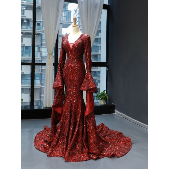 Luxury Burgundy Evening Dresses 2024 Prom Gown Sparkly Sequin Elegant Black Women Long Sleeve Wedding Party Formal Gowns