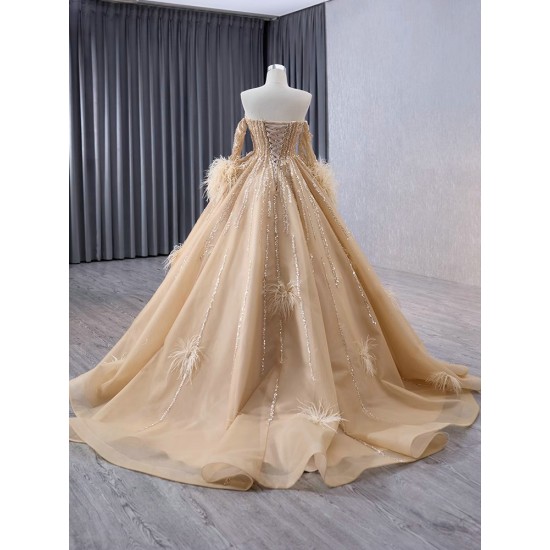 Luxury Champagne Prom Evening Dresses Detachable Sleeve Beading Party Prom Dress Saudi Arabia Cocktail Prom Gown Plus Size