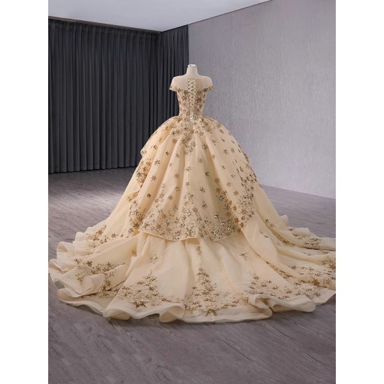 Luxury Champagne Quinceanera Dresses Appliques Cape Sleeve Birthday Sweet 16 Dress Sequ Ball Gown Vestidos De 15 Anos