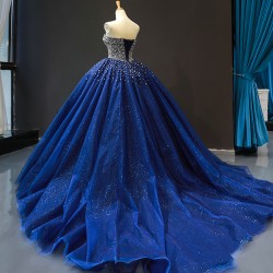 Luxury Crystal Beaded Blue Prom Dresses Tulle Crystal Floor Length Dubai Evening Gowns For Women Party