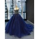 Luxury Crystal Beaded Blue Prom Dresses Tulle Crystal Floor Length Dubai Evening Gowns For Women Party