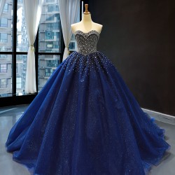 Luxury Crystal Beaded Blue Prom Dresses Tulle Crystal Floor Length Dubai Evening Gowns For Women Party