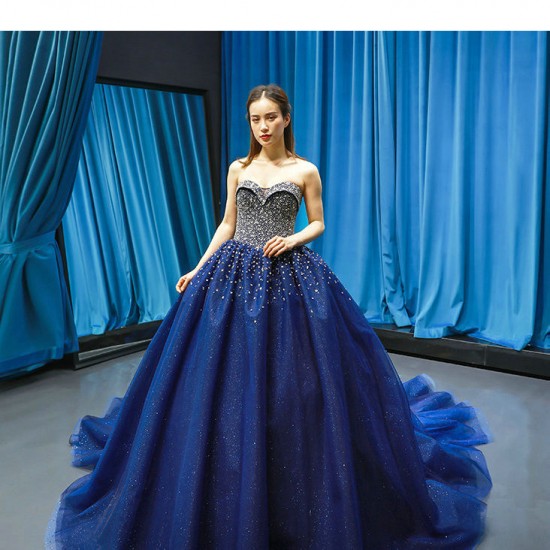 Luxury Crystal Beaded Blue Prom Dresses Tulle Crystal Floor Length Dubai Evening Gowns For Women Party