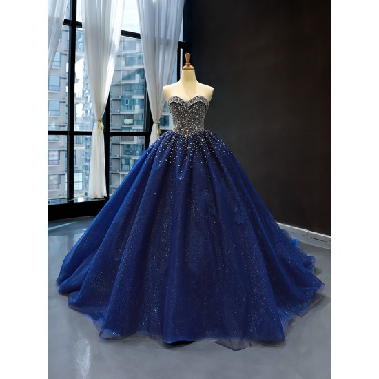 Luxury Crystal Beaded Blue Prom Dresses Tulle Crystal Floor Length Dubai Evening Gowns For Women Party