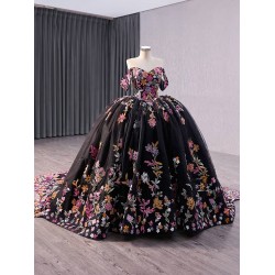 Luxury Embroidered Flowers Black Quinceanera Dress Off Shoulder Birthday Sweet 16 Dress Sweep Train vestidos de 15 anos