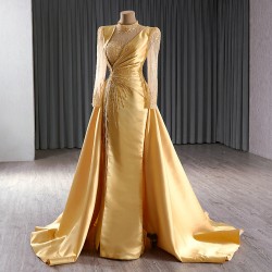 Luxury Gold Evening Dress Long Sleeve Mermaid Two In One Formal Prom Party Clothing