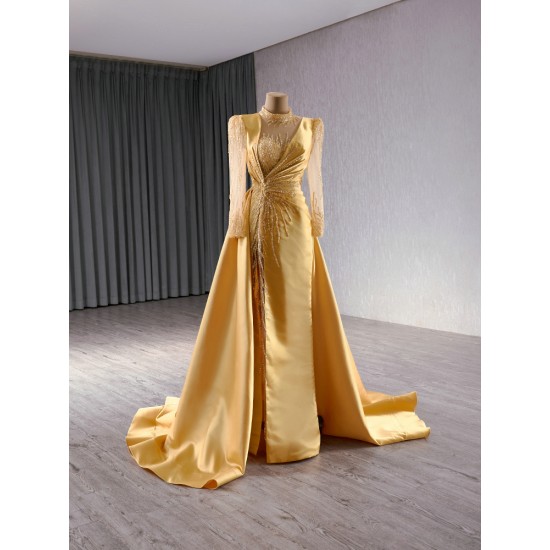 Luxury Gold Evening Dress Long Sleeve Mermaid Two In One Formal Prom Party Clothing