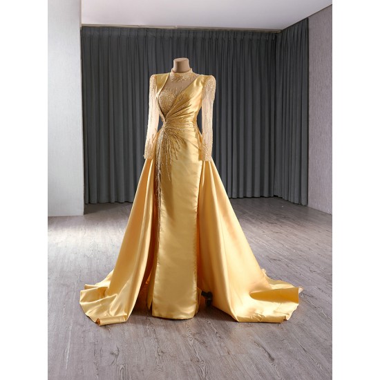 Luxury Gold Evening Dress Long Sleeve Mermaid Two In One Formal Prom Party Clothing