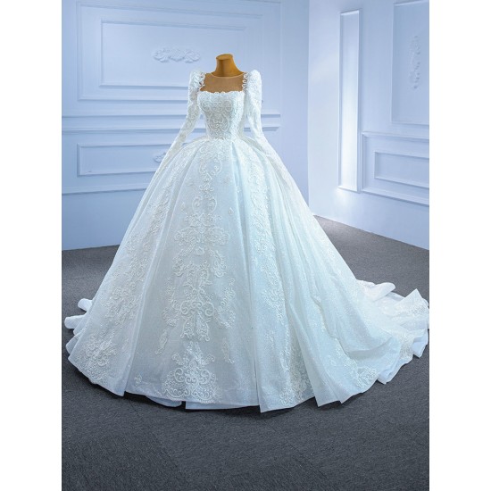 Luxury Long Ball Gown Tulle Wedding Dress Appliques Lace Long Sleeve Vintage Bridal Growns 2024