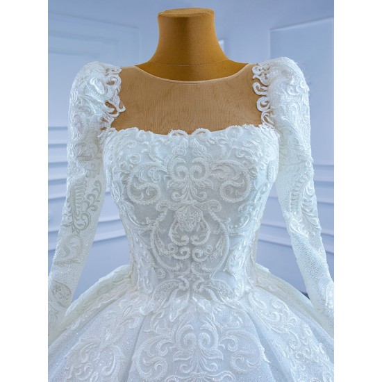 Luxury Long Ball Gown Tulle Wedding Dress Appliques Lace Long Sleeve Vintage Bridal Growns 2024