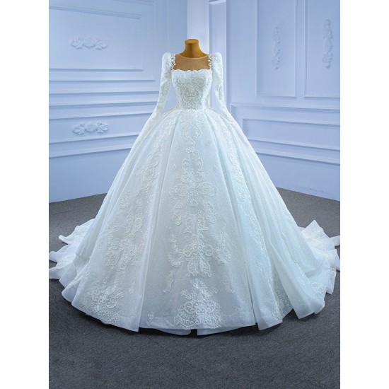 Luxury Long Ball Gown Tulle Wedding Dress Appliques Lace Long Sleeve Vintage Bridal Growns 2024