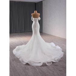 Luxury Off Shoulder Wedding Dresses Princess V Neck Chapel Train Women Bride Gown Pearl Vestido De Novia