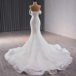 Luxury Off Shoulder Wedding Dresses Princess V Neck Chapel Train Women Bride Gown Pearl Vestido De Novia