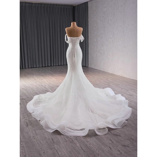 Luxury Off Shoulder Wedding Dresses Princess V Neck Chapel Train Women Bride Gown Pearl Vestido De Novia