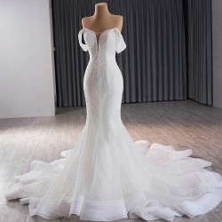 Luxury Off Shoulder Wedding Dresses Princess V Neck Chapel Train Women Bride Gown Pearl Vestido De Novia