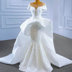 Luxury Pearl Mermaid Wedding Dresses Cape Sleeve Plus Size Wedding Gown Vestidos