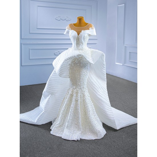 Luxury Pearl Mermaid Wedding Dresses Cape Sleeve Plus Size Wedding Gown Vestidos