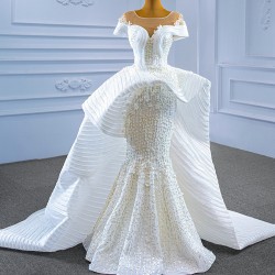 Luxury Pearl Mermaid Wedding Dresses Cape Sleeve Plus Size Wedding Gown Vestidos