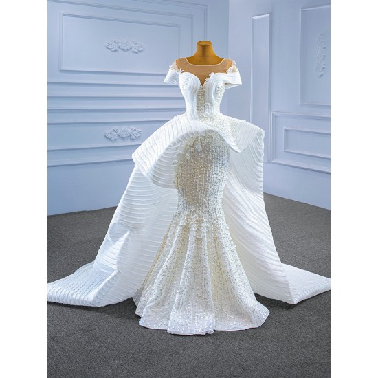 Luxury Pearl Mermaid Wedding Dresses Cape Sleeve Plus Size Wedding Gown Vestidos