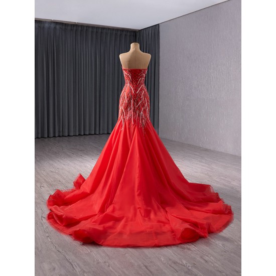 Luxury Red Mermaid Evening Dresses Women Sweetheart Neck Prom Arabic Formal Party Gowns