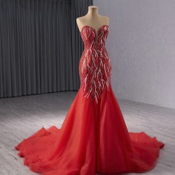 Luxury Red Mermaid Evening Dresses Women Sweetheart Neck Prom Arabic Formal Party Gowns