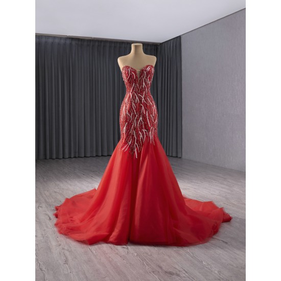 Luxury Red Mermaid Evening Dresses Women Sweetheart Neck Prom Arabic Formal Party Gowns