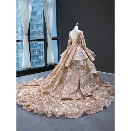 Luxury Rose Gold Quinceanera Dress Sequins Sweet 16 Gown Long Sleeve Birthday Vestido De 15 Anos