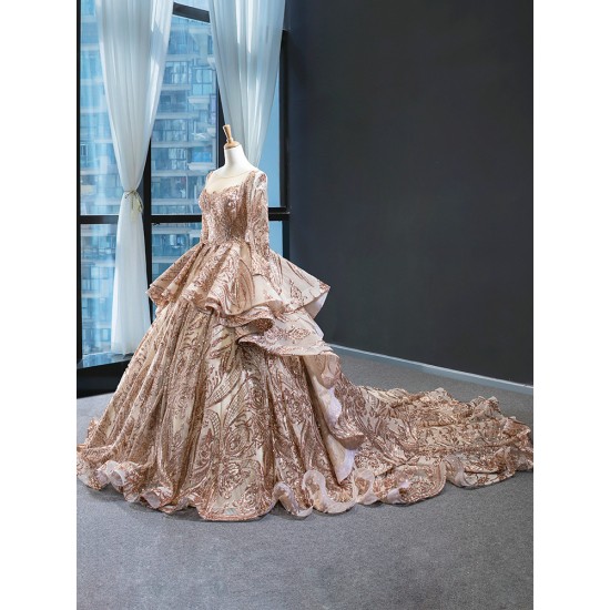 Luxury Rose Gold Quinceanera Dress Sequins Sweet 16 Gown Long Sleeve Birthday Vestido De 15 Anos