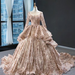 Luxury Rose Gold Quinceanera Dress Sequins Sweet 16 Gown Long Sleeve Birthday Vestido De 15 Anos