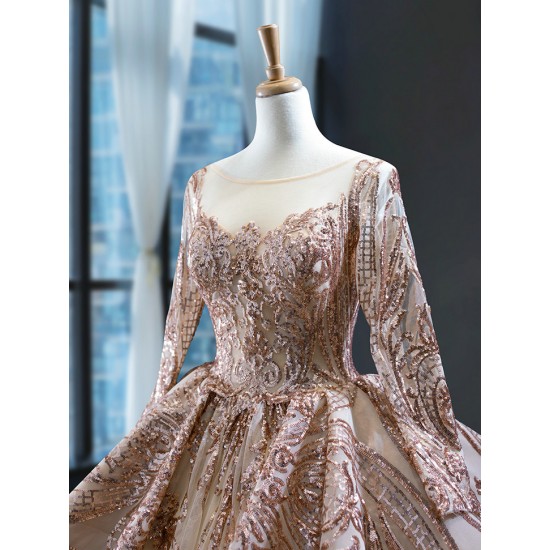 Luxury Rose Gold Quinceanera Dress Sequins Sweet 16 Gown Long Sleeve Birthday Vestido De 15 Anos