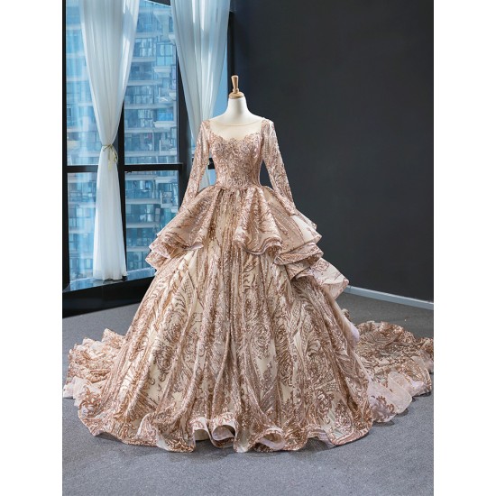 Luxury Rose Gold Quinceanera Dress Sequins Sweet 16 Gown Long Sleeve Birthday Vestido De 15 Anos