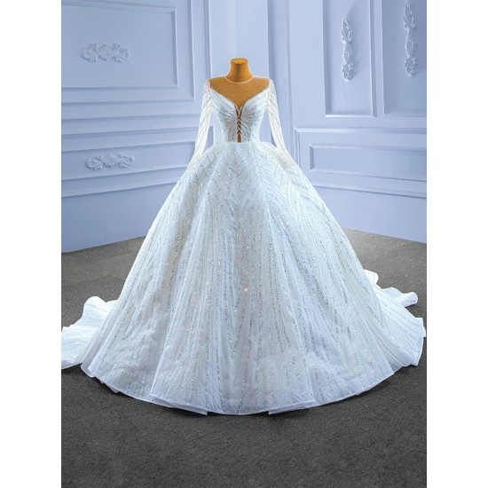 Luxury Sequins Wedding Dress For Women Princess Ball Gown Long Sleeve Bridal Gowns Robe De Mariee