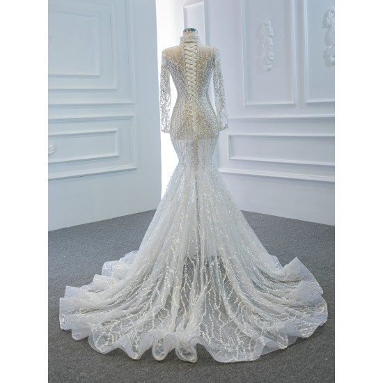 Luxury White Wedding Dresses High Neck Pearl Long Sleeves Elegant Bridal Gowns Vestido De Novia