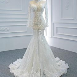 Luxury White Wedding Dresses High Neck Pearl Long Sleeves Elegant Bridal Gowns Vestido De Novia