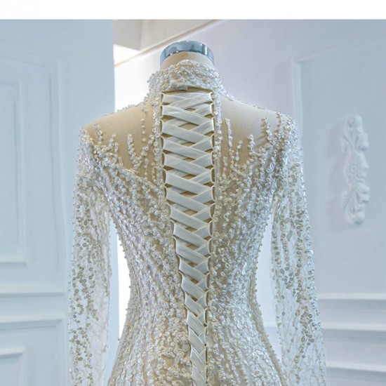 Luxury White Wedding Dresses High Neck Pearl Long Sleeves Elegant Bridal Gowns Vestido De Novia