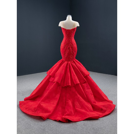 Mermaid Red Prom Dresses Cape Sleeve Women Formal Evening Dress Lace Appliques Costume Parties Party Gowns