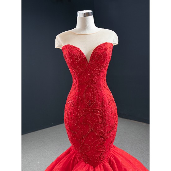 Mermaid Red Prom Dresses Cape Sleeve Women Formal Evening Dress Lace Appliques Costume Parties Party Gowns