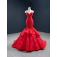 Mermaid Red Prom Dresses Cape Sleeve Women Formal Evening Dress Lace Appliques Costume Parties Party Gowns