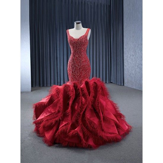 Mermaid Red Prom Dresses Saudi Arabic Women Sleeveless Evening Dress Formal Night Party Gowns