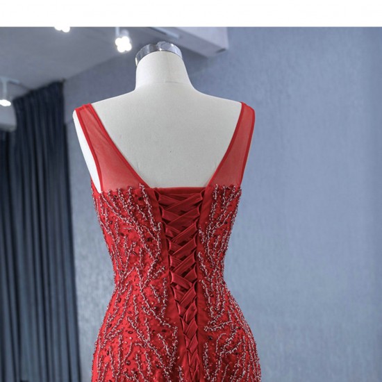 Mermaid Red Prom Dresses Saudi Arabic Women Sleeveless Evening Dress Formal Night Party Gowns