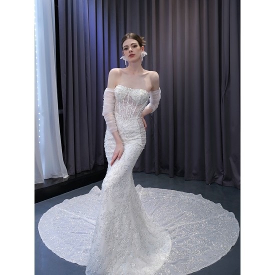 Mermaid Wedding Dress For Women Detachable Sleeve Vestido De Novia Backless Bridal Gown Court Train