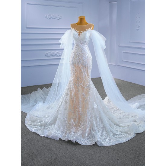 Mermaid Wedding Dress Sleeveless Bridal Gown Cape Sleeve Princess Bride Gown Vestido De Noiva