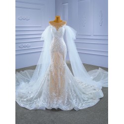 Mermaid Wedding Dress Sleeveless Bridal Gown Cape Sleeve Princess Bride Gown Vestido De Noiva