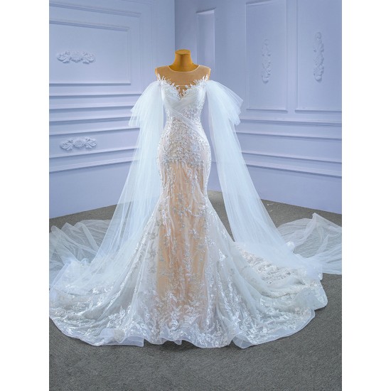 Mermaid Wedding Dress Sleeveless Bridal Gown Cape Sleeve Princess Bride Gown Vestido De Noiva