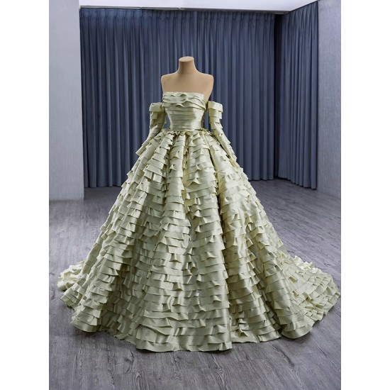 Moss Green Evening Dresses Long Sleeve Sweep Train Party Prom Dress 2024 Detachable Sleeve Prom Gowns