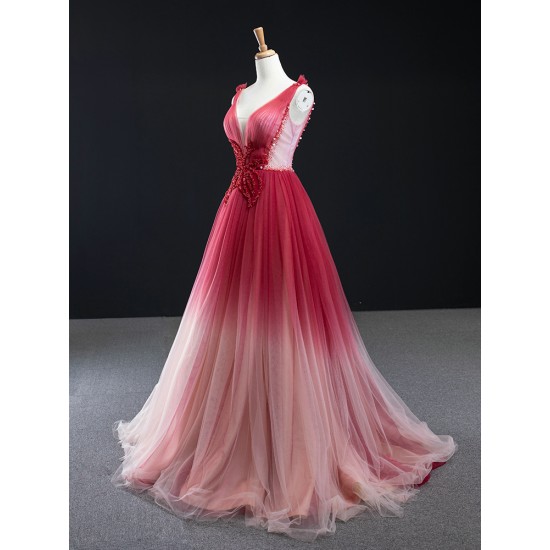 New 2024 Pink Red Evening Dresses Sleeveless V Neck A Line Sparkly Arabia Formal Party Gowns