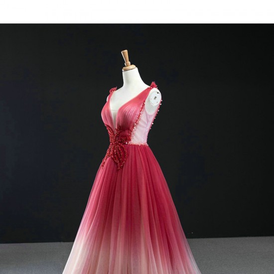 New 2024 Pink Red Evening Dresses Sleeveless V Neck A Line Sparkly Arabia Formal Party Gowns