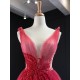 New 2024 Pink Red Evening Dresses Sleeveless V Neck A Line Sparkly Arabia Formal Party Gowns