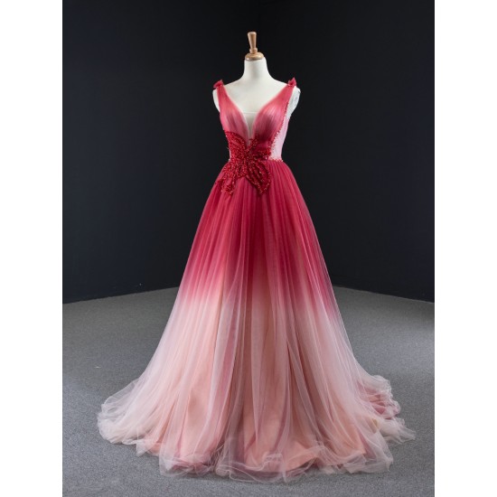 New 2024 Pink Red Evening Dresses Sleeveless V Neck A Line Sparkly Arabia Formal Party Gowns