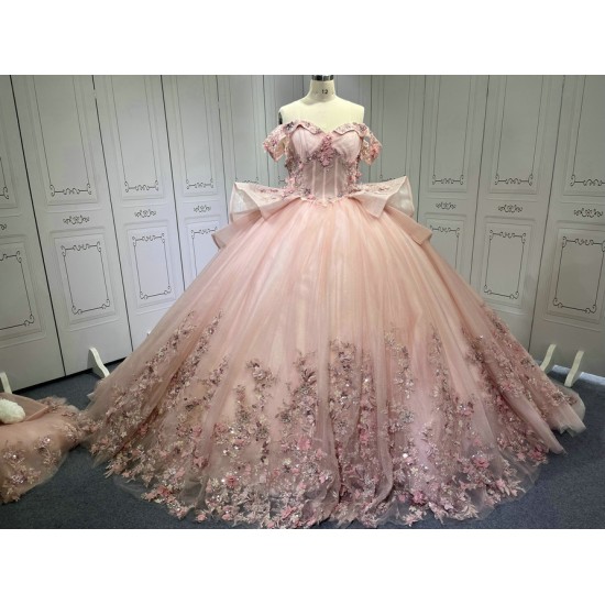 Off Shoulder Pink Quince Dress 3D Flowers Vestidos De 15 Anos 2025 Custom Made Princess Ball Gown